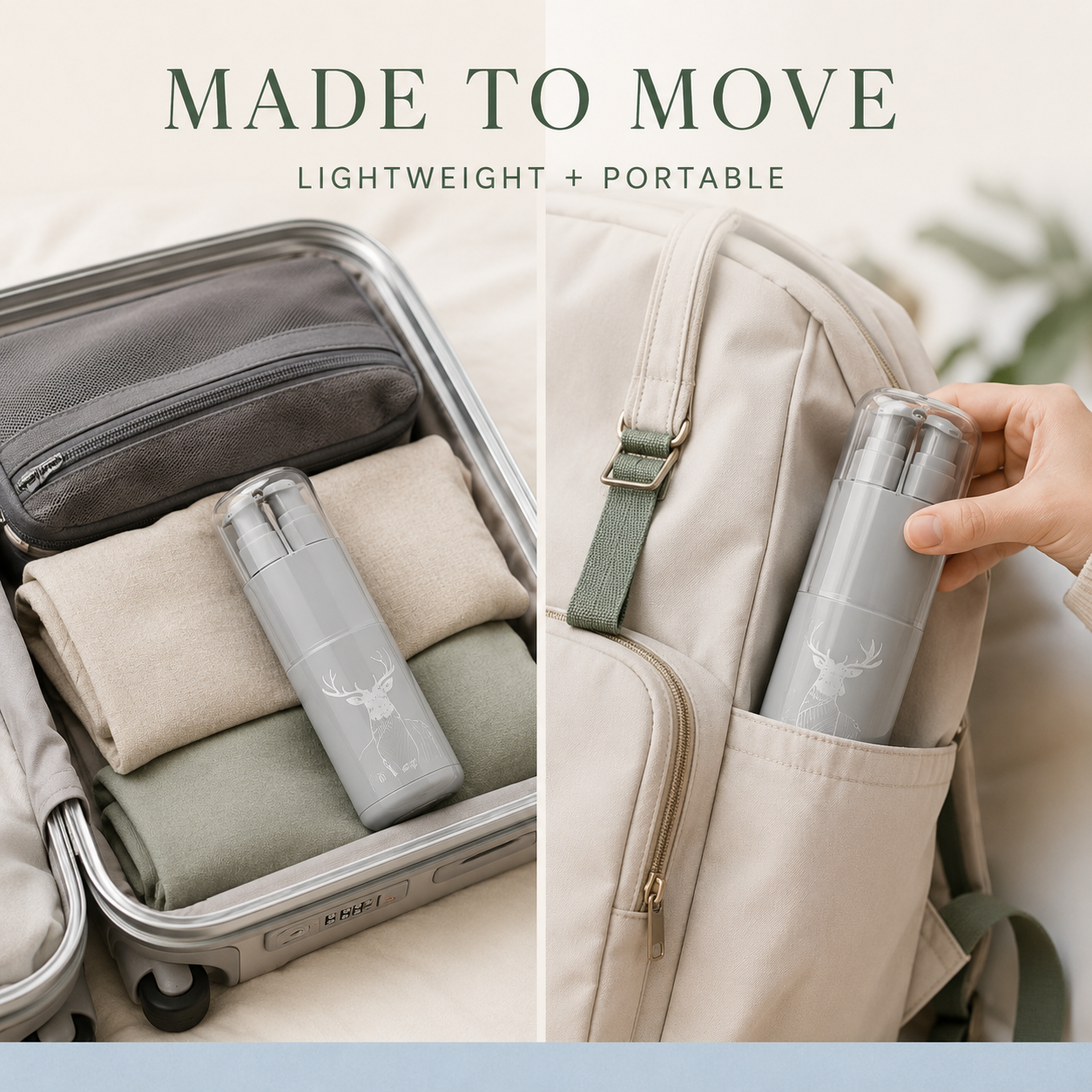 Travel set packed in a suitcase and backpack