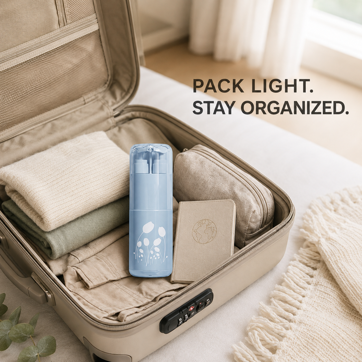 Blue organizer packed in a suitcase